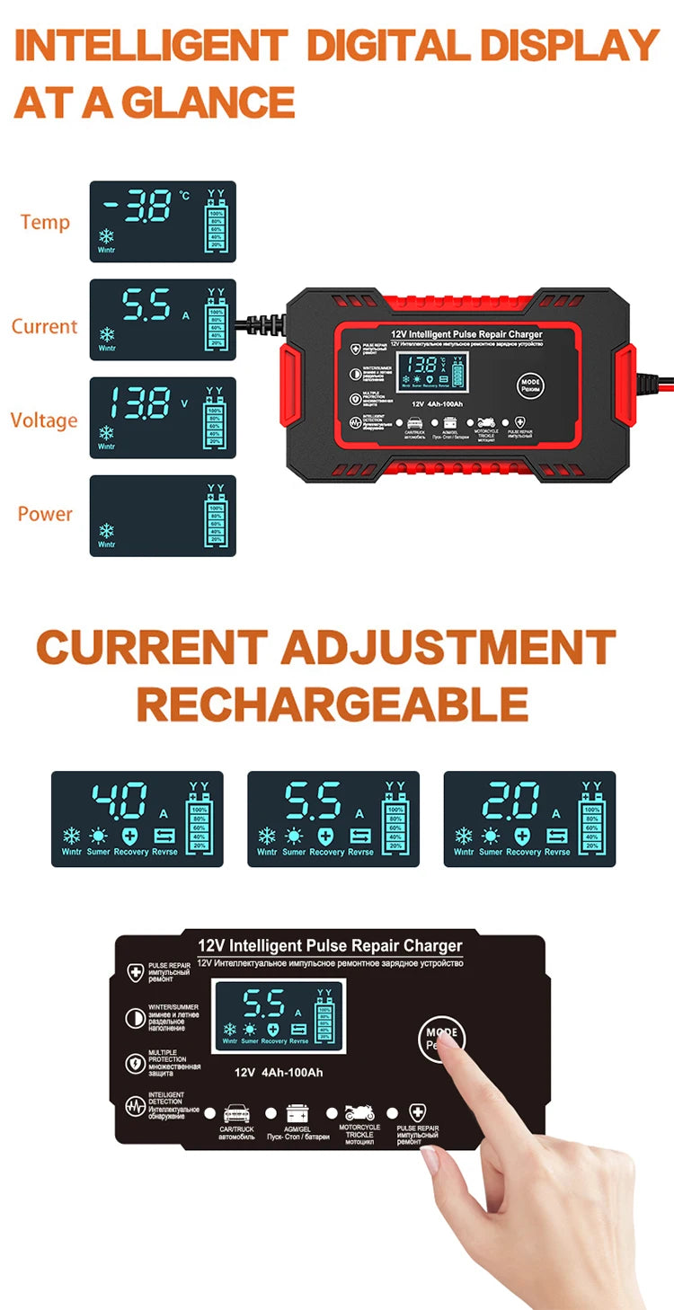 Carregador de bateria do carro com display LCD, 12V, 6A, reparo de pulso, carga rápida inteligente, AGM, ciclo profundo, gel, chumbo-ácido, automático, motocicleta