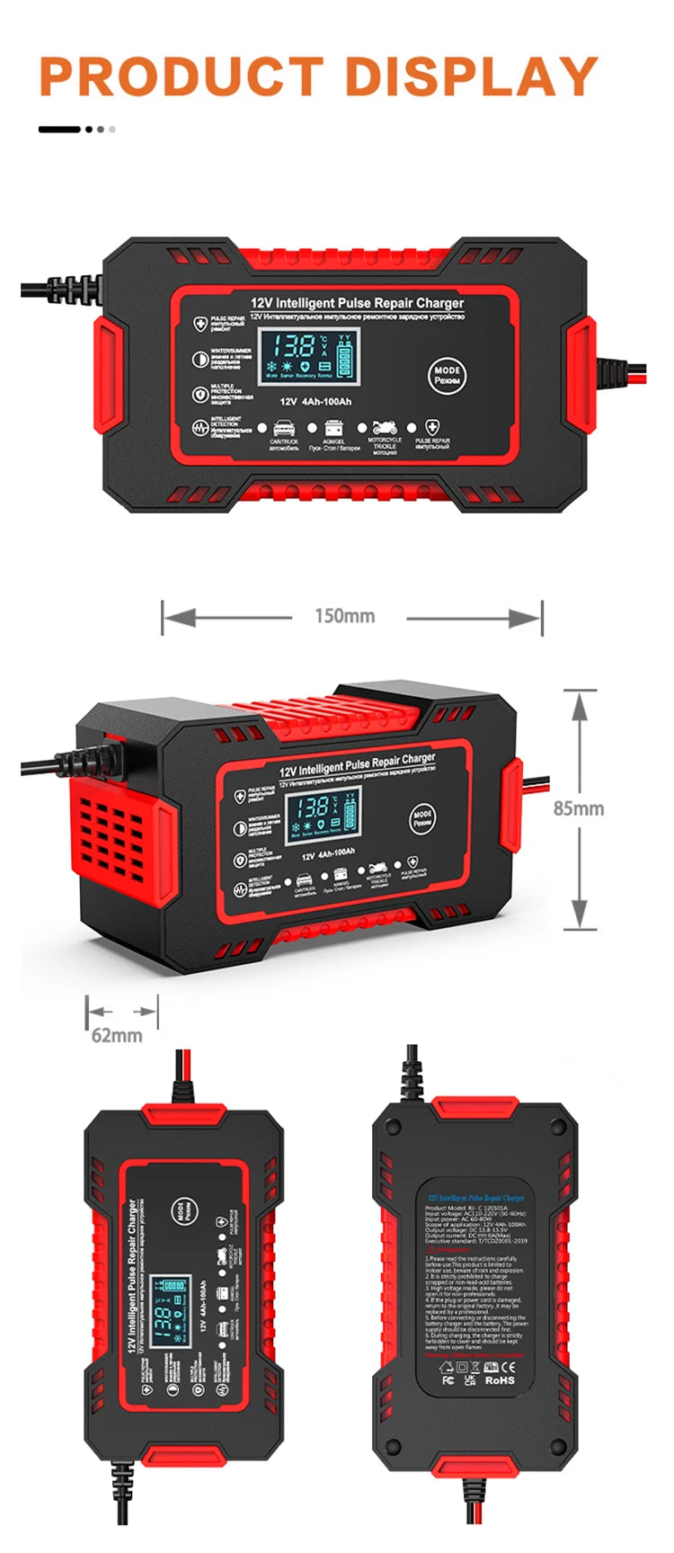 Carregador de bateria do carro com display LCD, 12V, 6A, reparo de pulso, carga rápida inteligente, AGM, ciclo profundo, gel, chumbo-ácido, automático, motocicleta