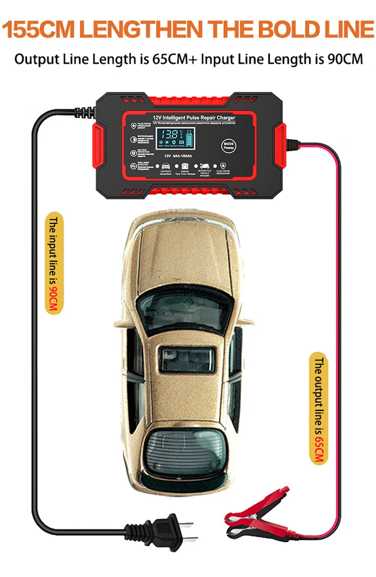 Carregador de bateria do carro com display LCD, 12V, 6A, reparo de pulso, carga rápida inteligente, AGM, ciclo profundo, gel, chumbo-ácido, automático, motocicleta